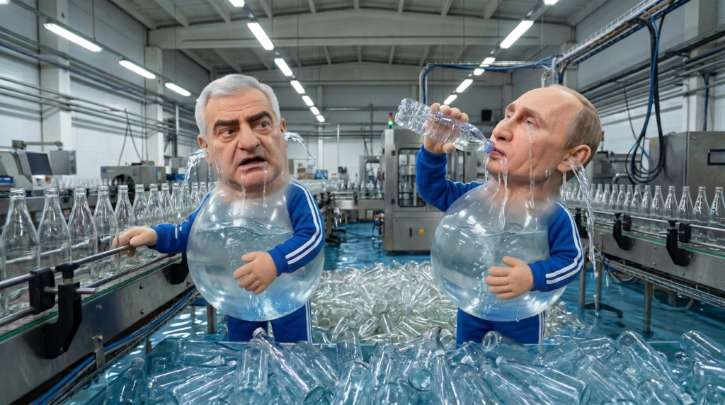 Satirical illustration of Samvel Karapetyan and Putin at Jermuk factory
