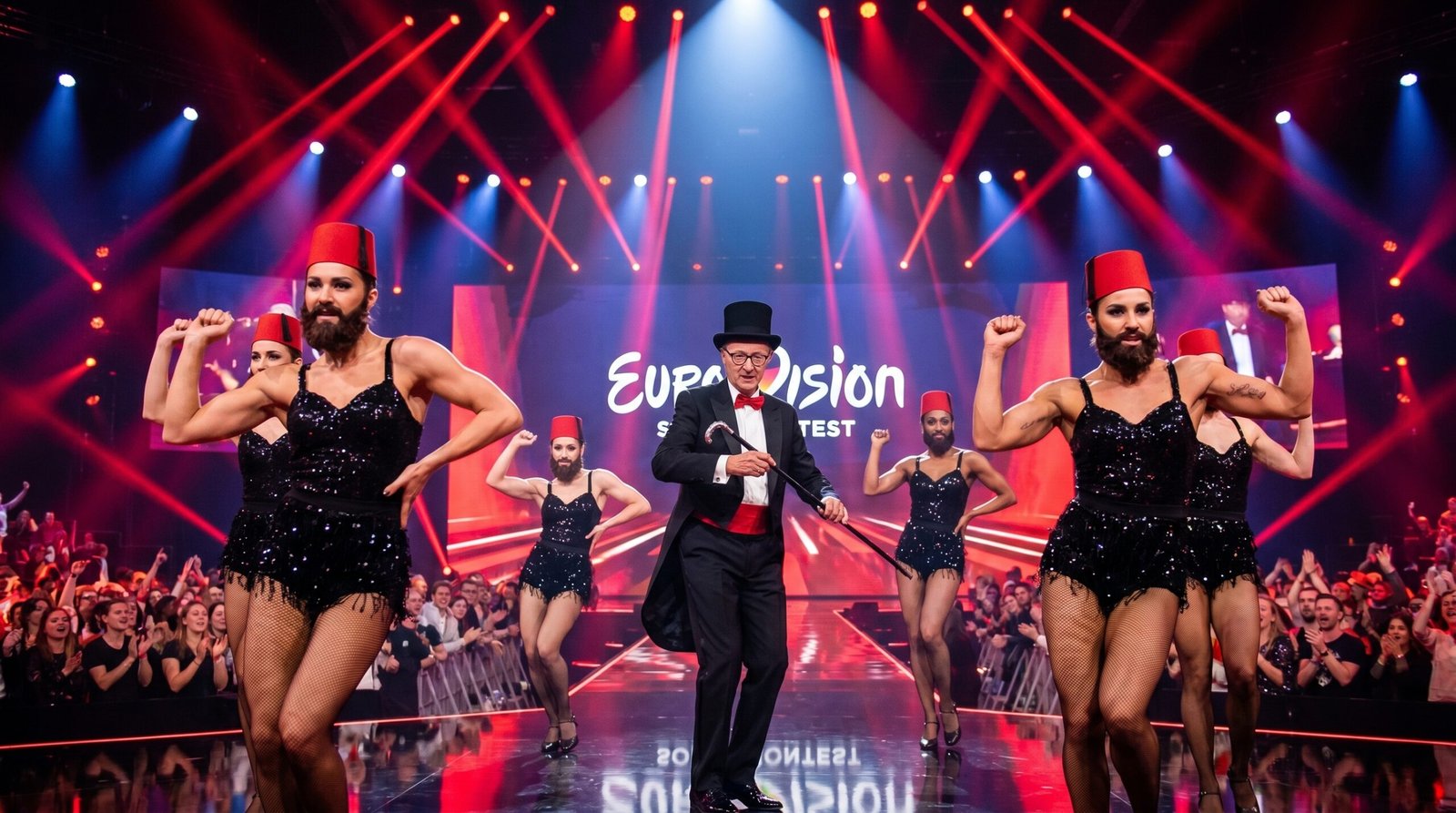 Friedrich Merz on stage amid Eurovision chaos, satirical depiction of him receiving zero points